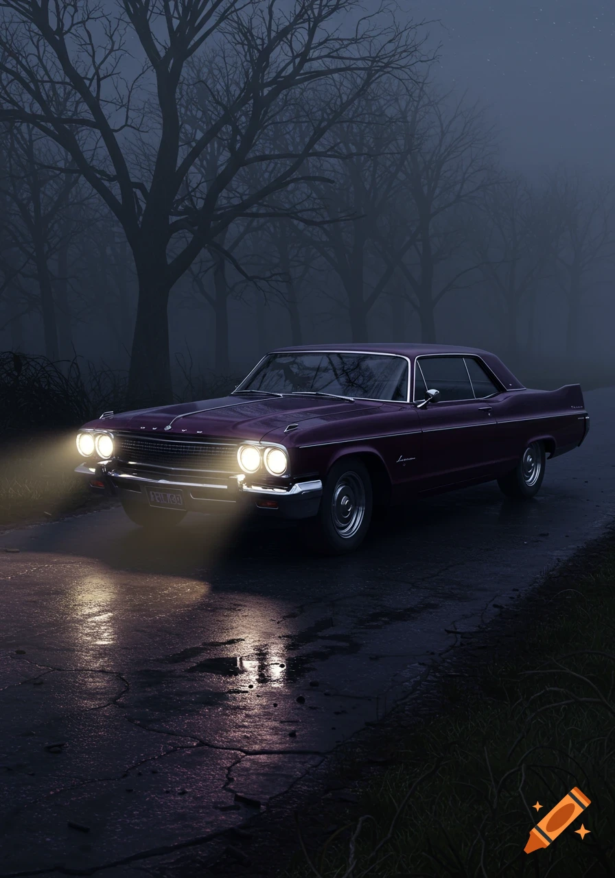 A dark purple vintage car with headlights on, parked on a wet, cracked road in a foggy, bare forest at night.