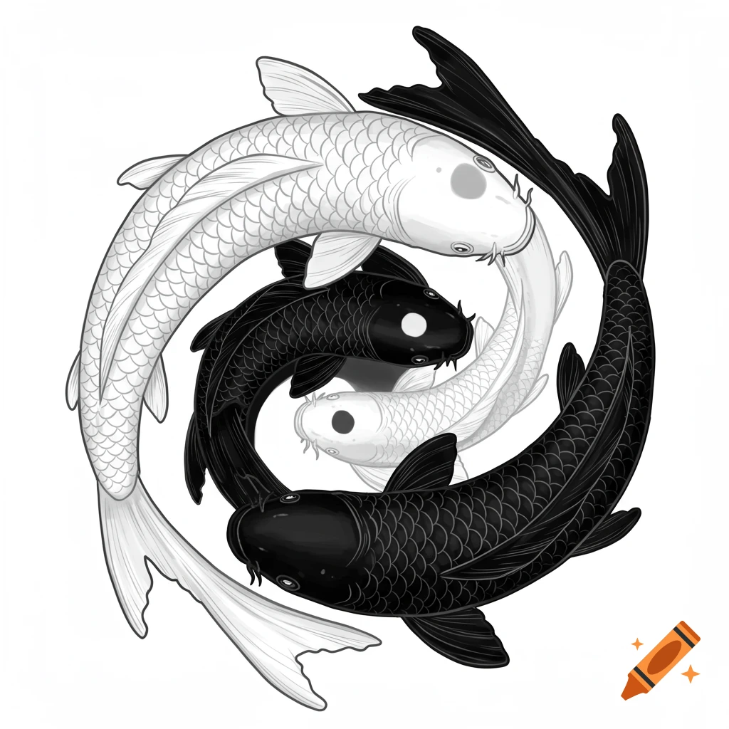 Stylized black and white fractal-like yin-yang symbol formed by four koi fish swimming in a circular pattern on a white background.