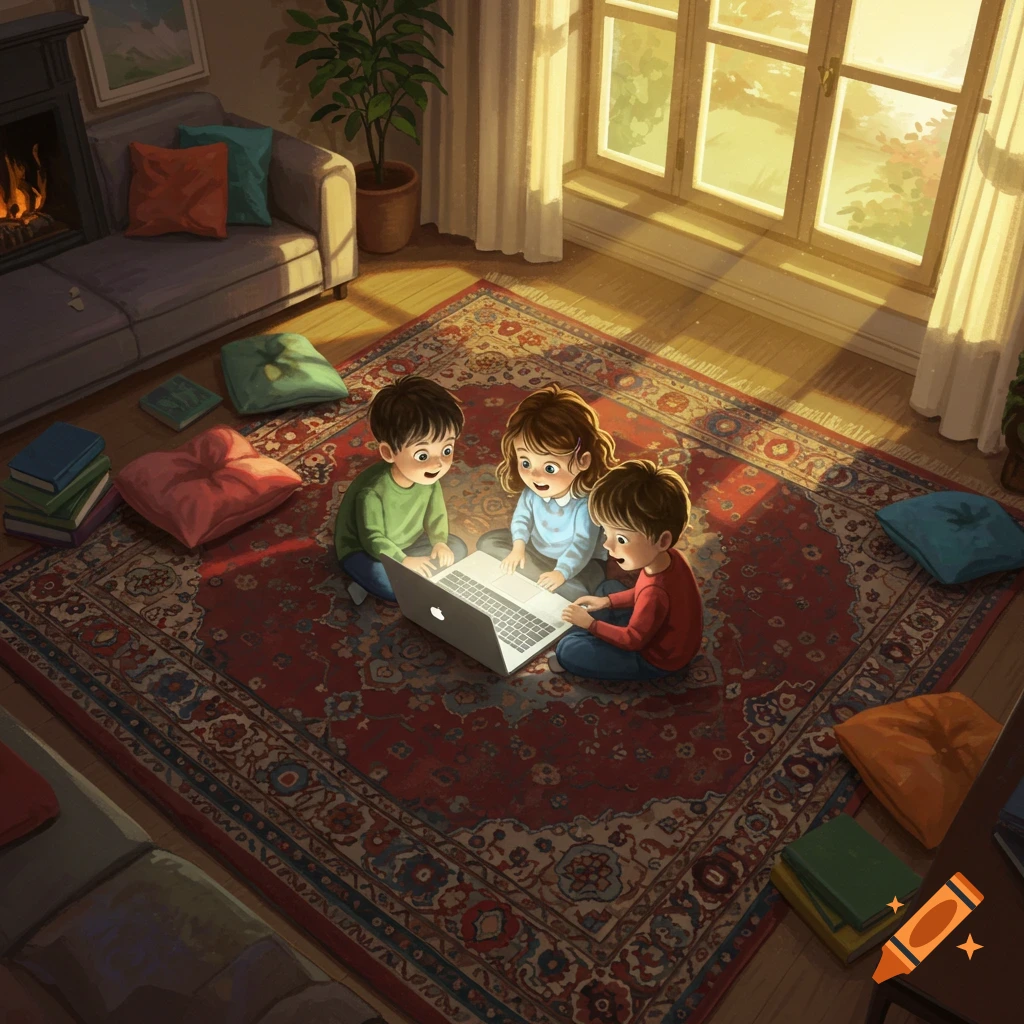 Three cartoon children sit on a red patterned rug, looking at a laptop screen in a cozy, sunlit living room with a fireplace.
