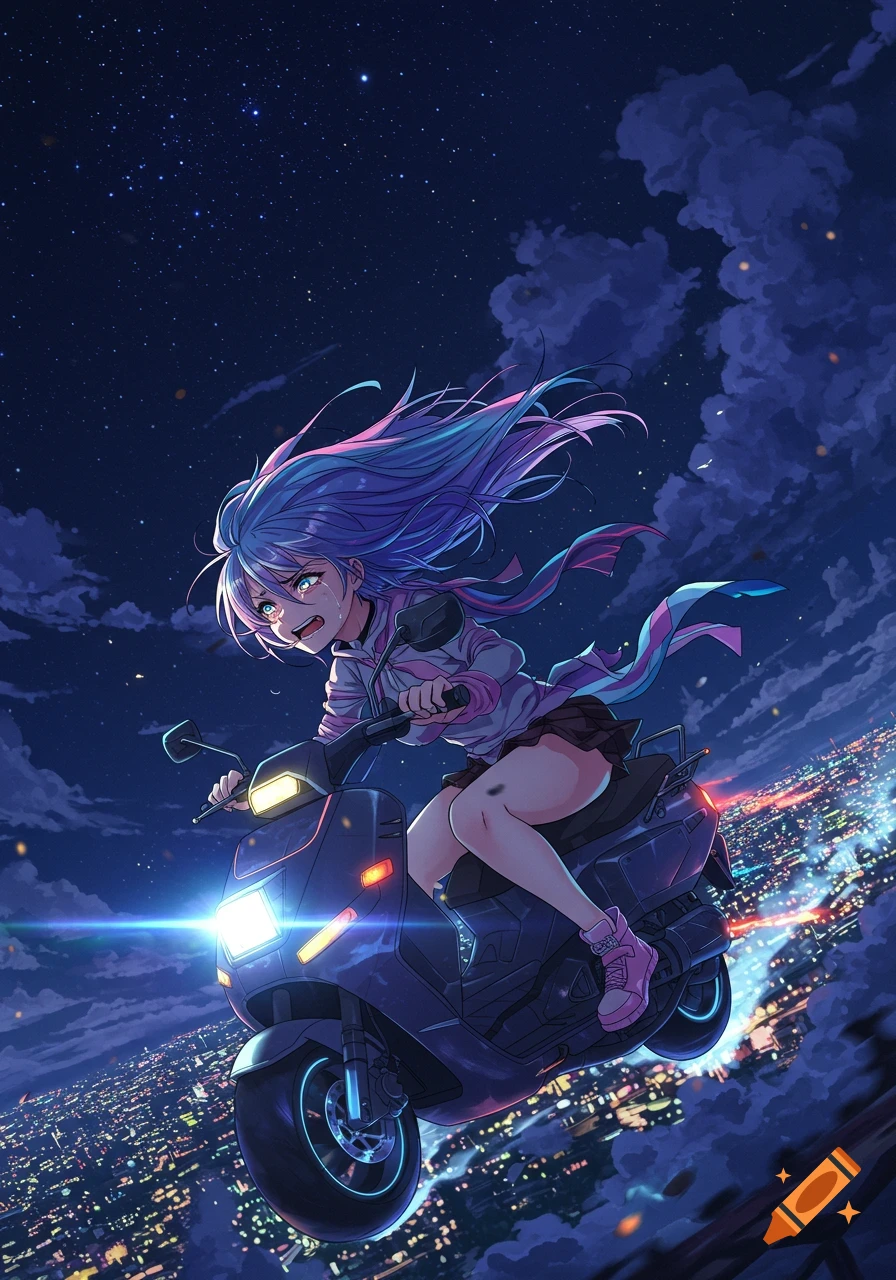 An anime girl with blue and purple hair tearfully rides a scooter high above a vibrant, glowing city at night, under a starry sky.