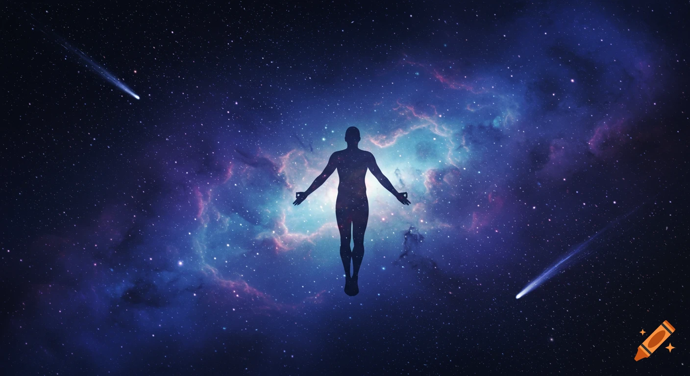 A silhouette of a human figure floats serenely amidst a vibrant purple and blue nebula, surrounded by countless stars and two comets.