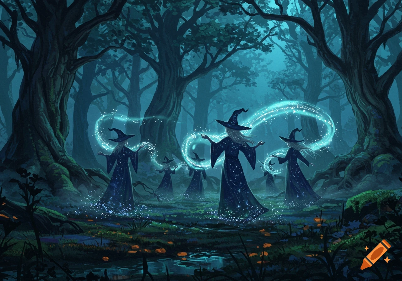 Witches in a dark, magical forest casting glowing blue spells.