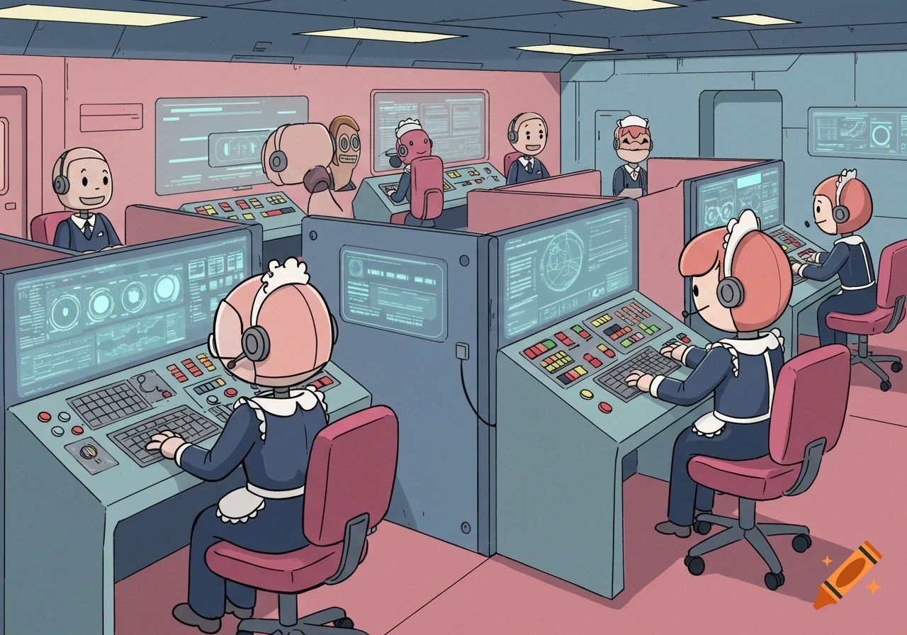 Cartoon robots in butler and maid uniforms work at computers in a retro-futuristic control center.