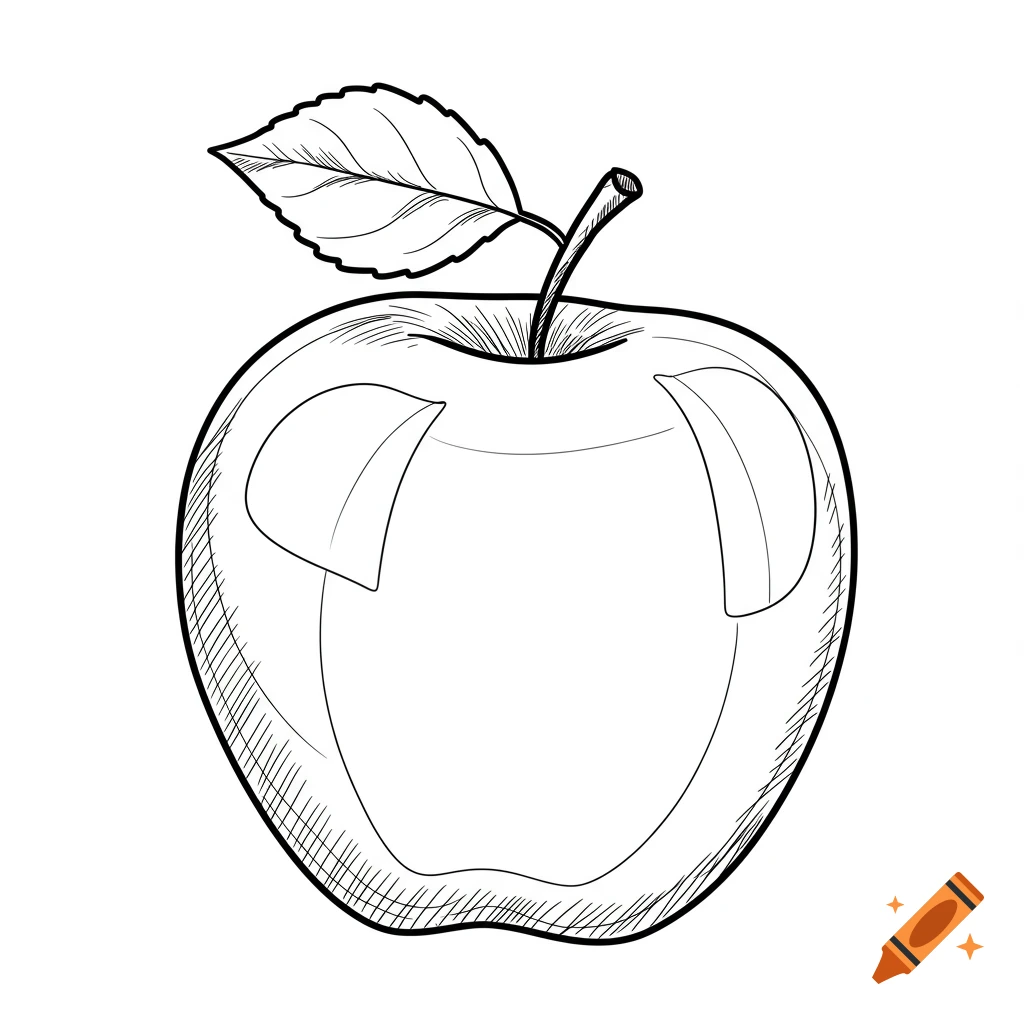 A black and white line drawing of an apple with a leaf and stem.