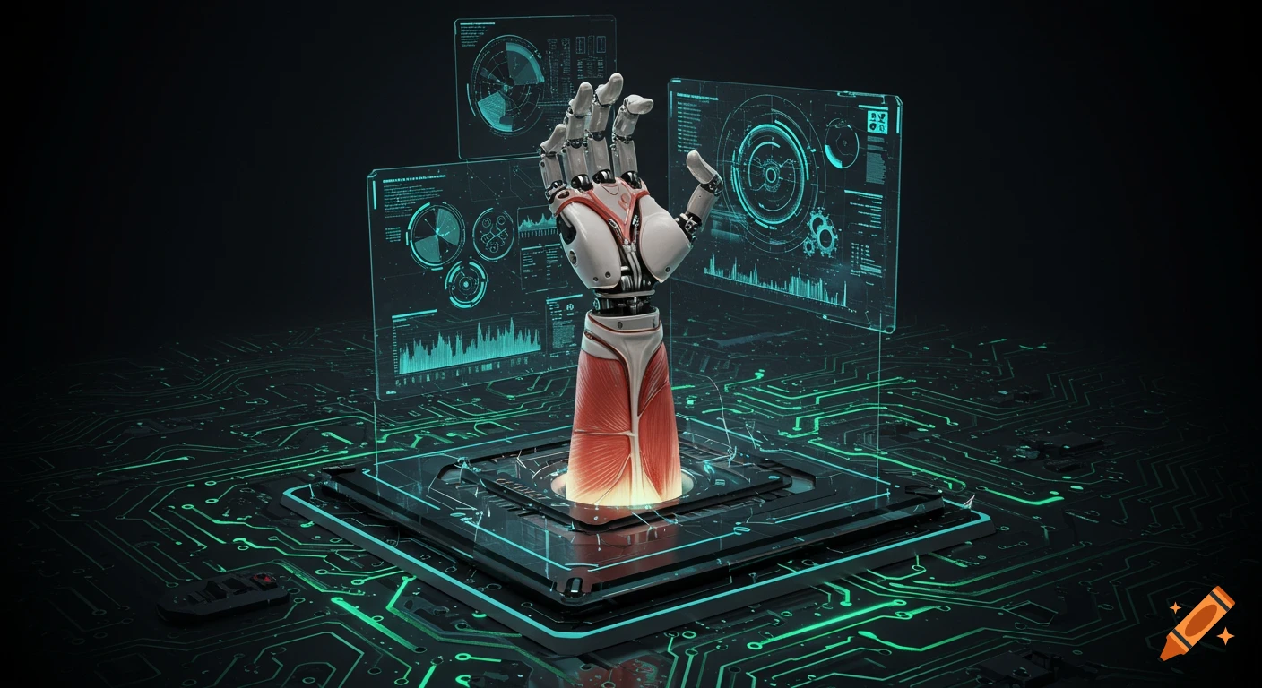 Robotic arm with exposed muscles above glowing circuit board patterns and holographic screens displaying data.