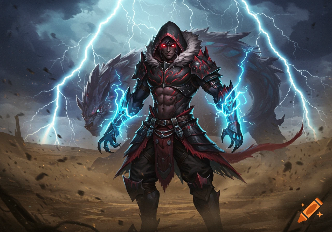 Dark fantasy warrior in black and red armor with glowing red eyes and blue lightning hands, a dragon behind him, under a stormy sky.