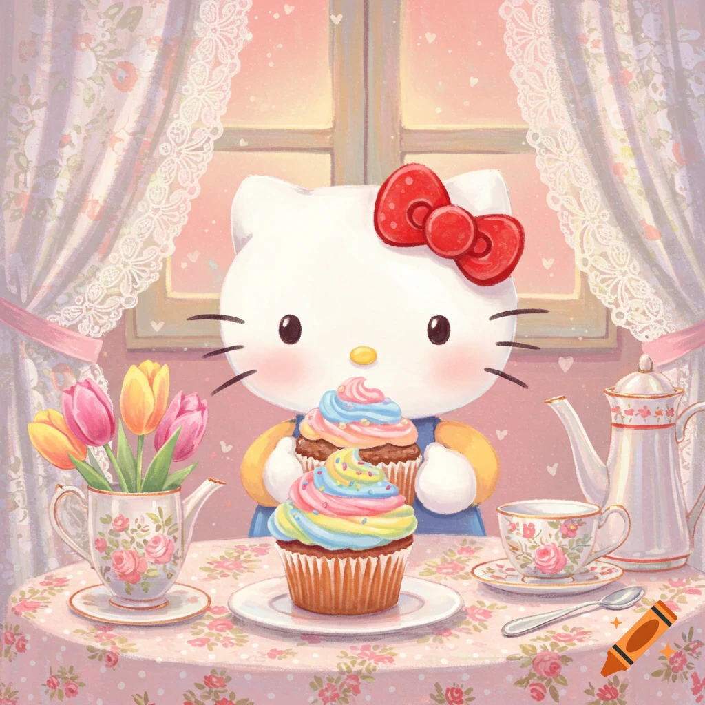 A whimsical illustration of Hello Kitty at a floral table, holding a cupcake, with tea and tulips.