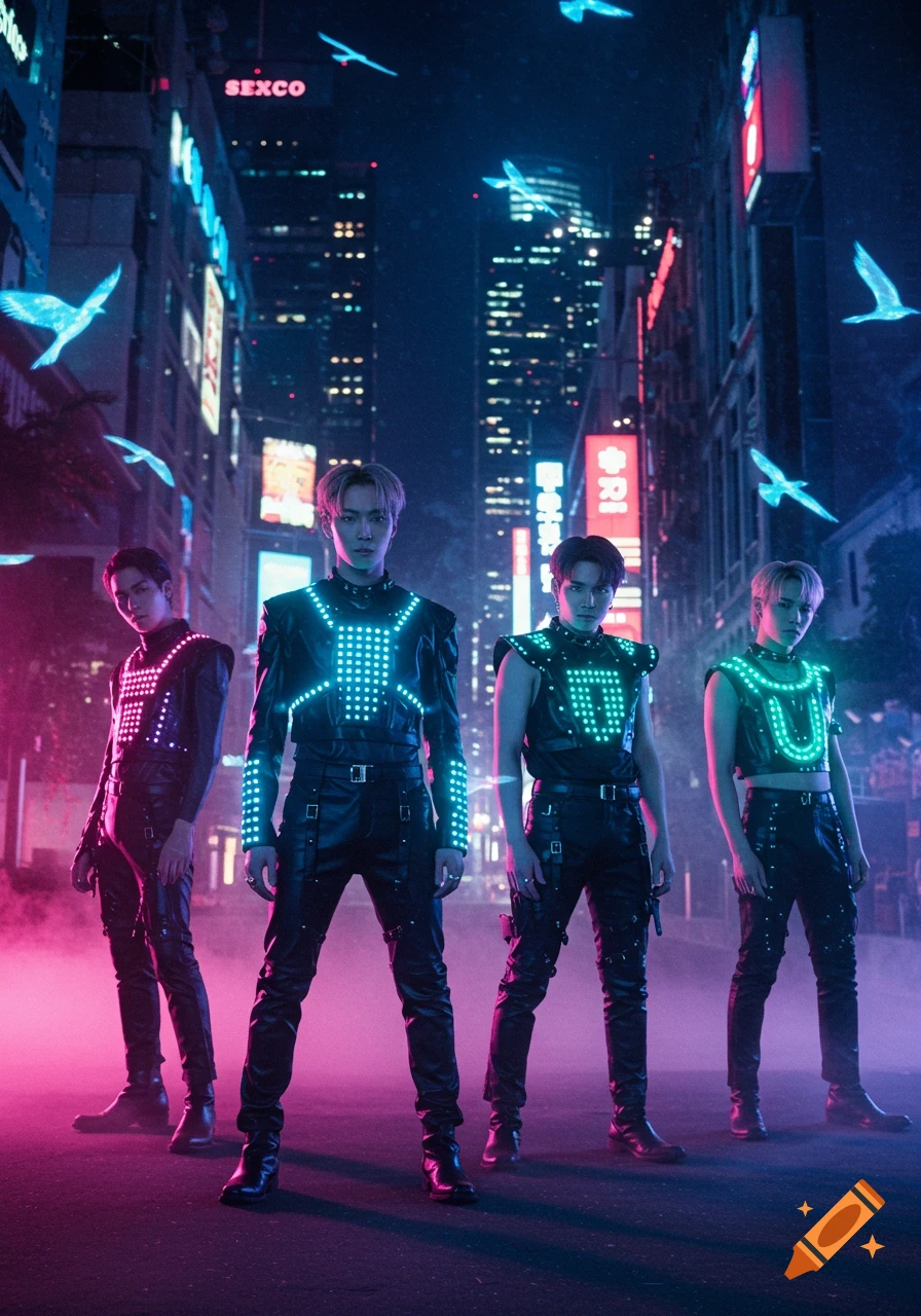Four men in glowing cyberpunk outfits stand in a neon-lit city street at night, with stylized birds in the sky.