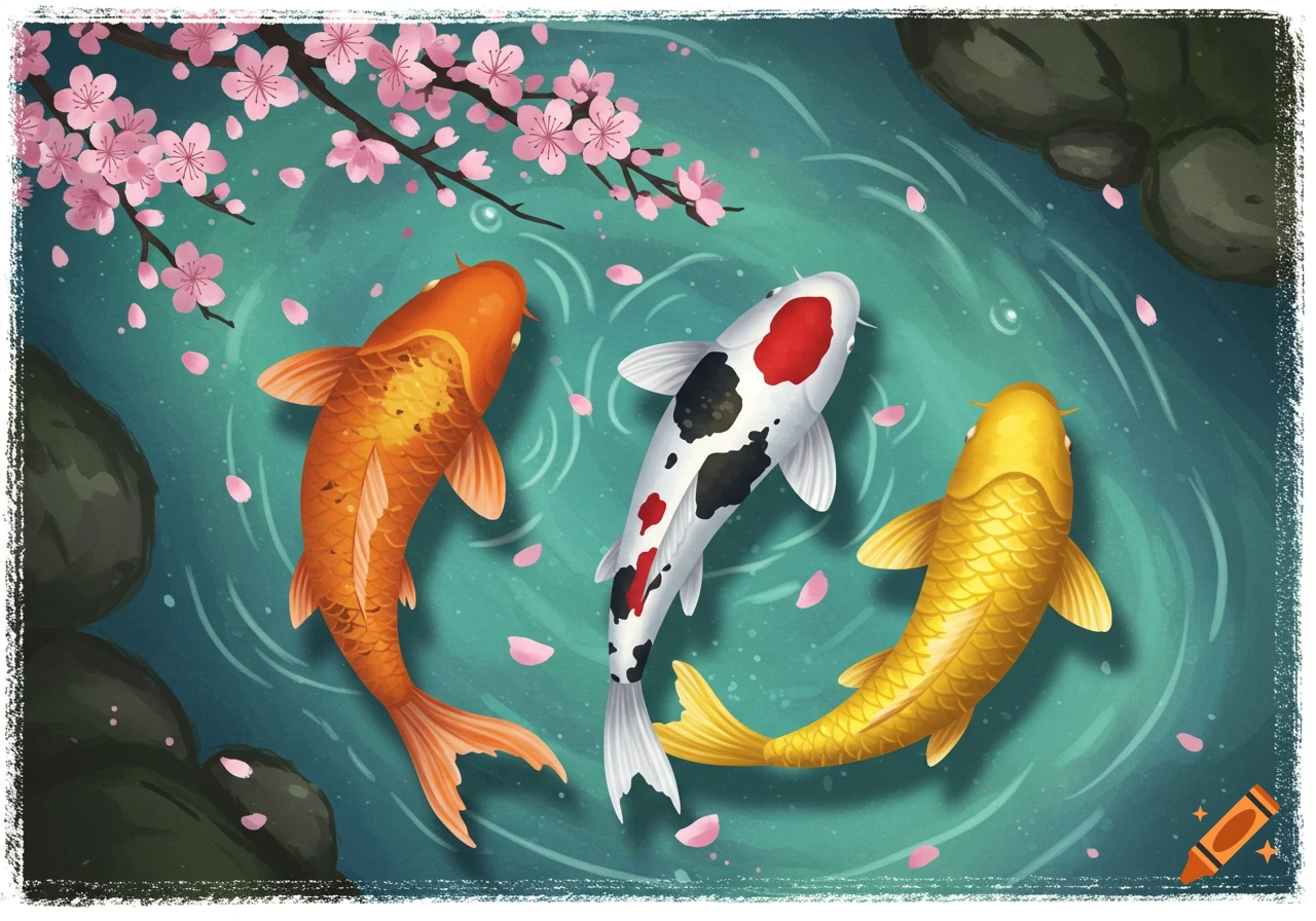 Three colorful koi fish swim in a teal pond with cherry blossoms and falling petals, in a vibrant Japanese art style.