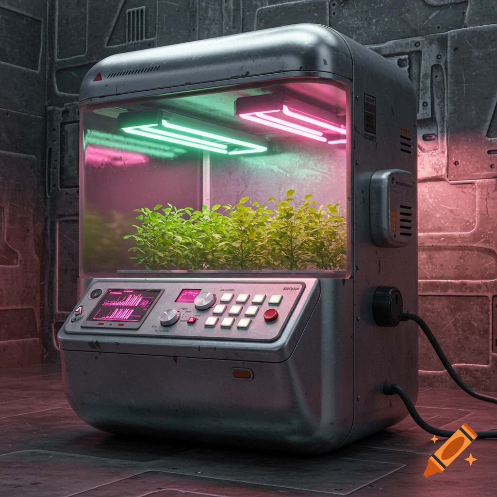 A retro sci-fi grow box with glowing pink and green lights illuminating small plants, on a metallic floor against a textured wall.