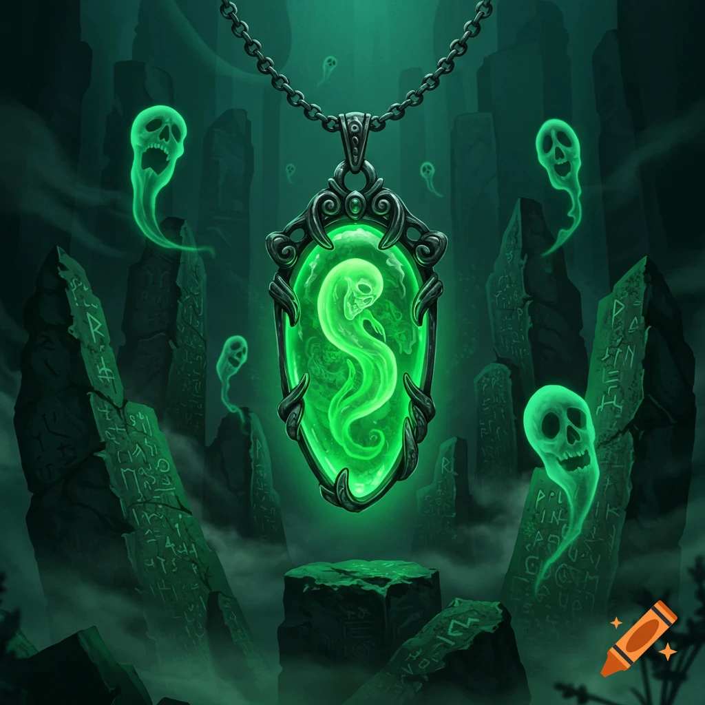 An eerie glowing green pendant with a ghost-like skull inside, surrounded by floating green ghosts and rune-carved stone pillars in a dark, misty background. Fantasy art style.