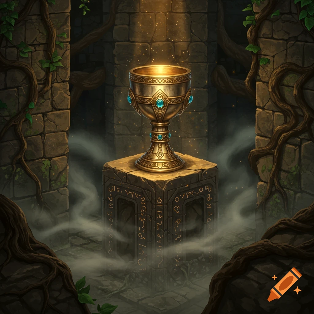 A golden goblet glowing on an ancient stone pedestal amidst misty ruins with vines in a fantasy art style.