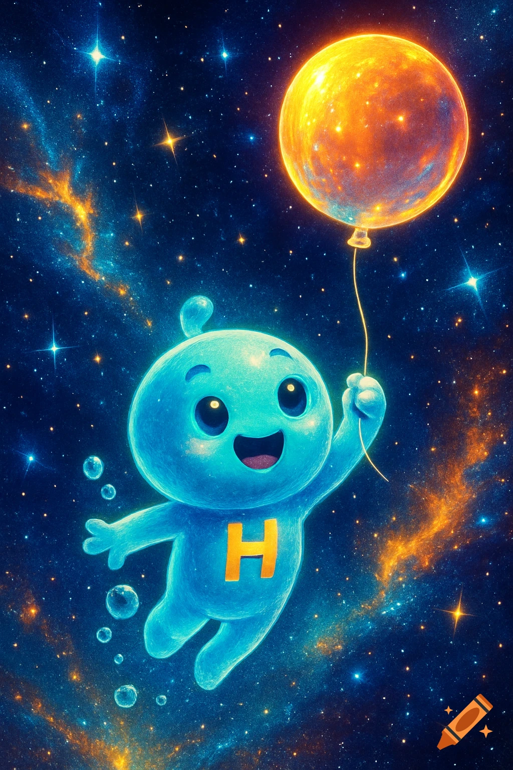 A cute, blue, bubbly cartoon character with an "H" on its chest floats in space holding a glowing orange balloon, surrounded by stars and nebulae.