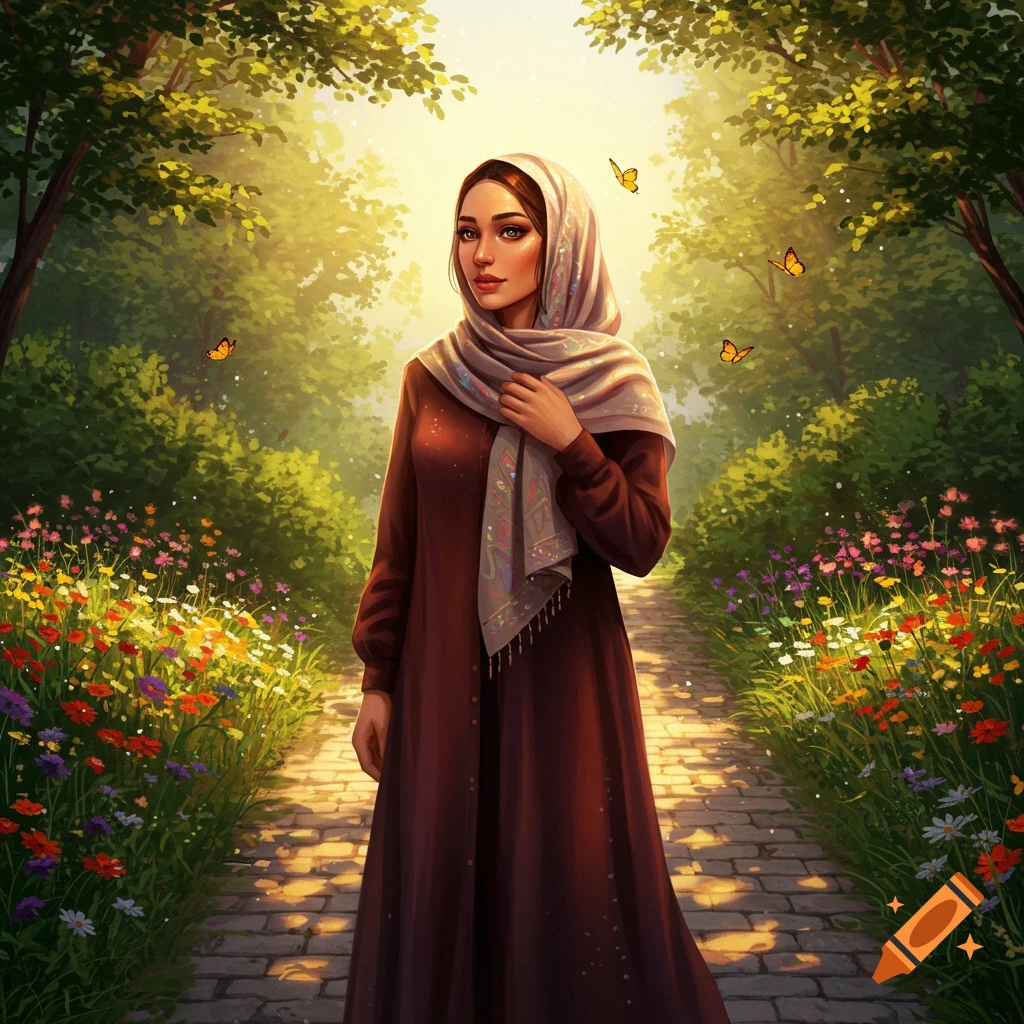 A beautiful hijabi woman in a long dress on a sunlit stone path in a vibrant fantasy garden with colorful flowers and butterflies.