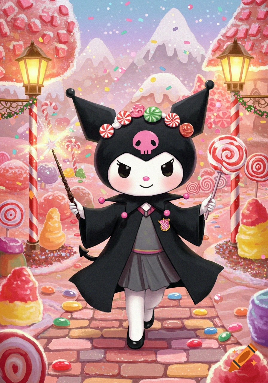 A cute Kuromi character dressed as a wizard, holding a wand and lollipop, walks through a vibrant candy land.