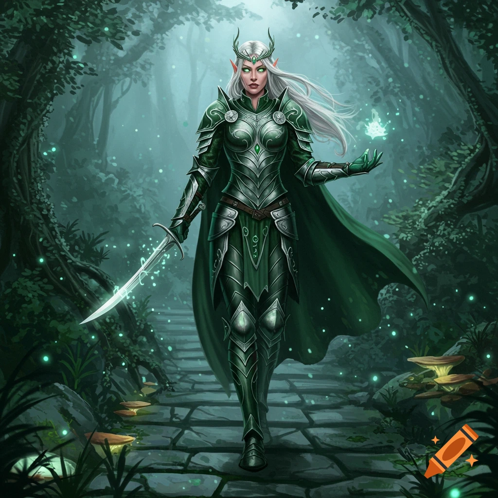 Female elf warrior in green armor with white hair holds a glowing sword on a mystical forest path with luminous mushrooms.