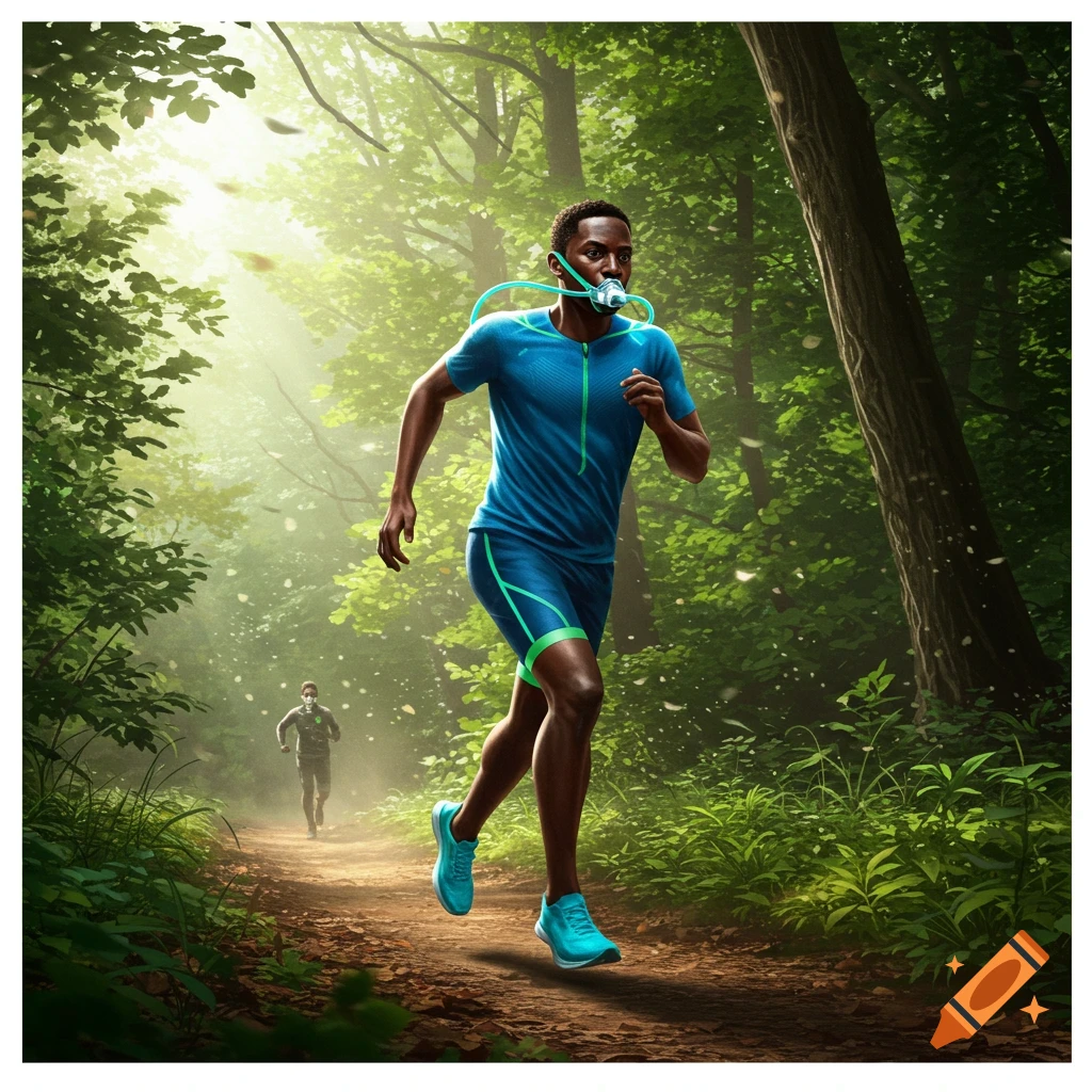 Photorealistic image of a man in running gear with a respiratory mouthpiece, jogging on a sunny forest path.