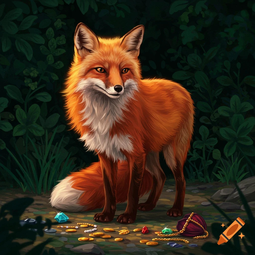 An illustrative red fox with a cunning smile stands in a dark forest, surrounded by glittering treasure.