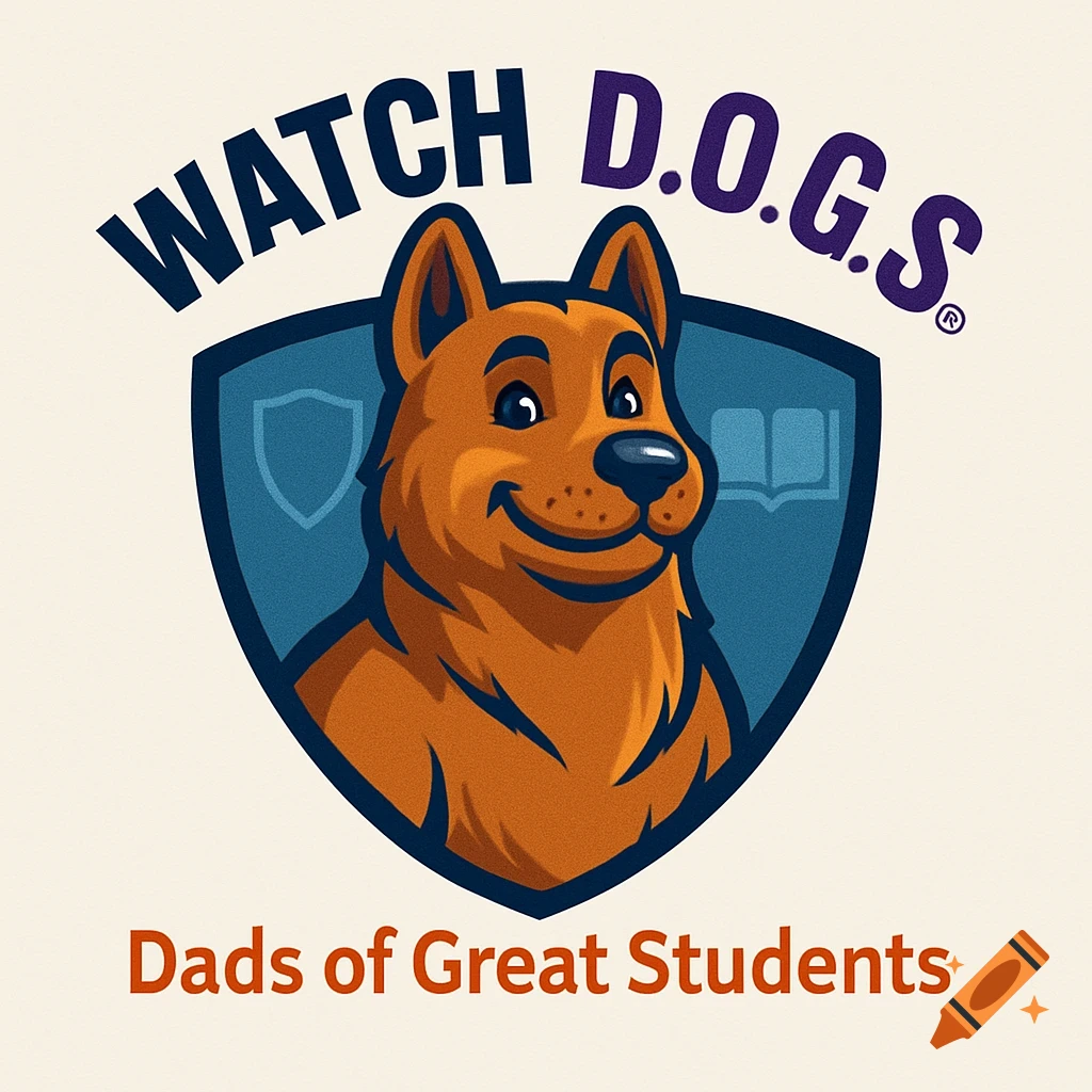 Logo for WATCH D.O.G.S. featuring a friendly brown dog in a blue shield with school icons, and text 'Dads of Great Students'.
