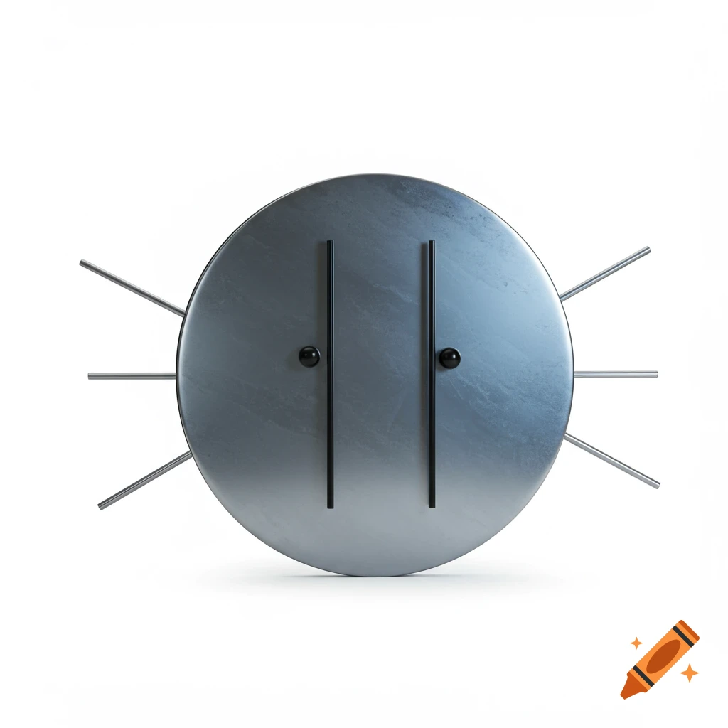 A minimalistic 3D render of a metallic sphere with two black vertical 'eyes' and thin metal rods protruding from its sides.