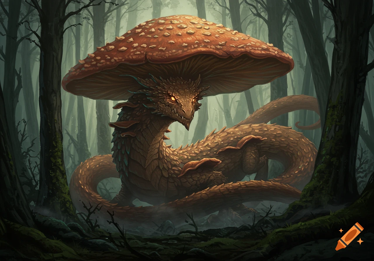 A brown scaly dragon with a large, textured mushroom cap, glowing eyes, emerging from a misty, dark forest.