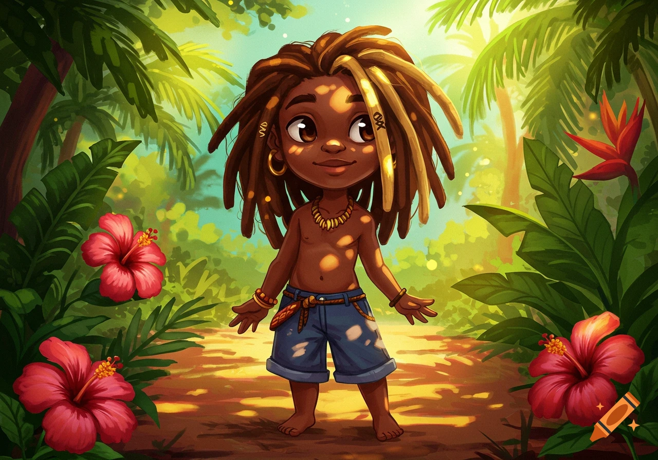 A cute cartoon child with dreadlocks and blonde tips, wearing shorts and a necklace, stands in a vibrant tropical jungle with hibiscus flowers.