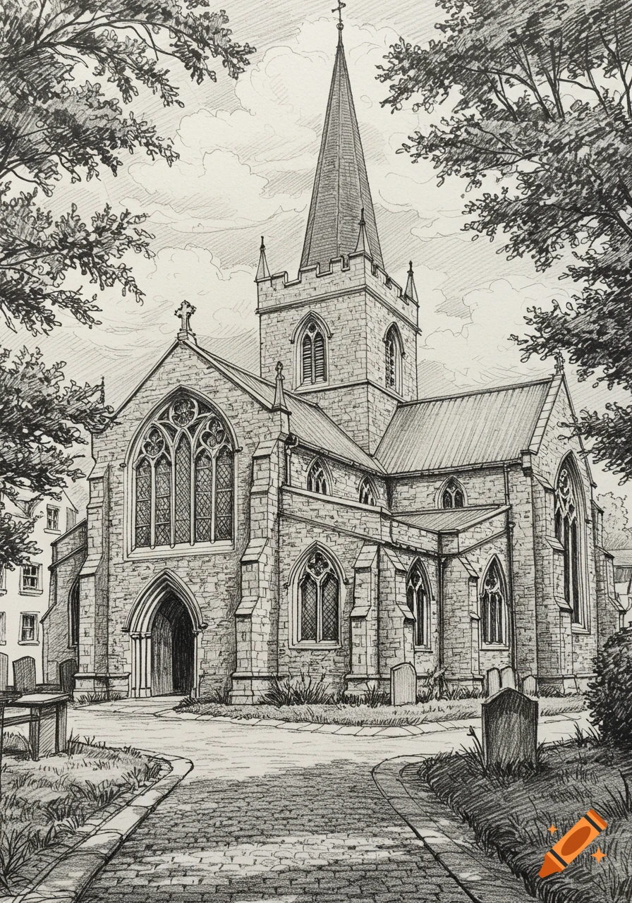 A detailed pencil sketch of an old stone church with a tall steeple, surrounded by leafy trees and a path.
