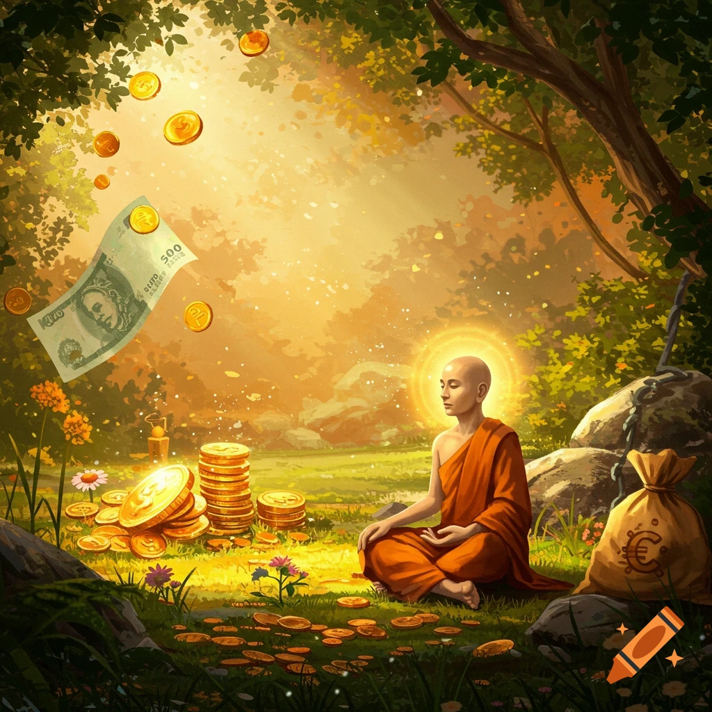 A bald monk in orange robes meditates in a lush forest clearing, surrounded by falling and piled gold coins and banknotes, in a fantasy art style.