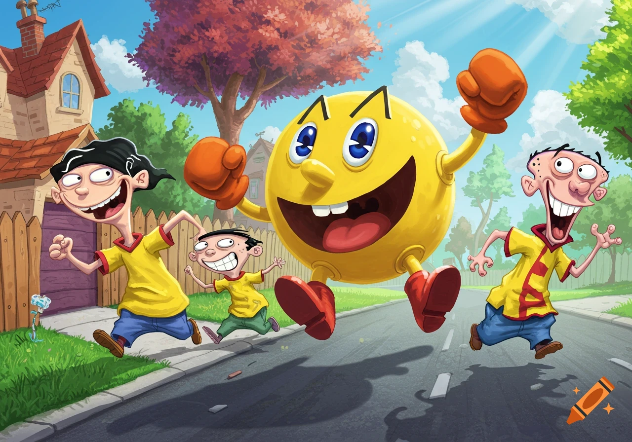 Pac-Man with boxing gloves joyfully chases Ed, Edd, and Eddy down a vibrant suburban street in a cartoon style.