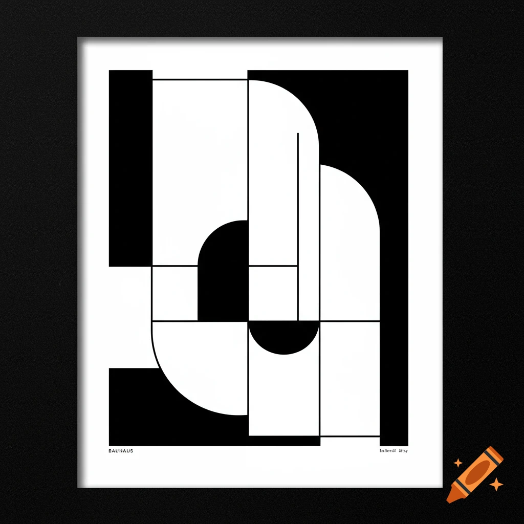 Black and white Bauhaus-style abstract geometric art print with rectangles, lines, and semicircles, and text 'BAUHAUS' and 'Inferred 1969'.