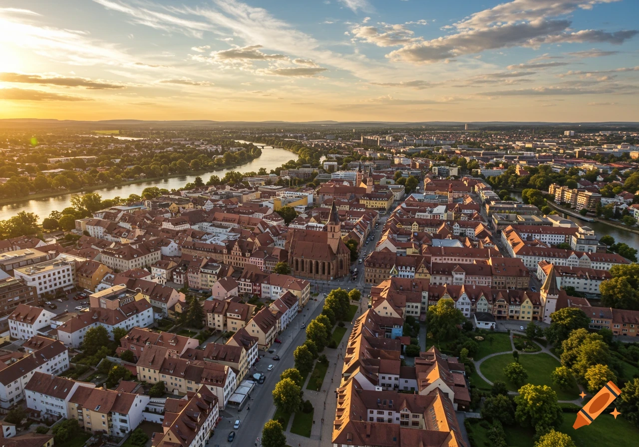 Aerial view of Schweinfurt at sunset, a river winding through the city with red-roofed buildings and lush trees.