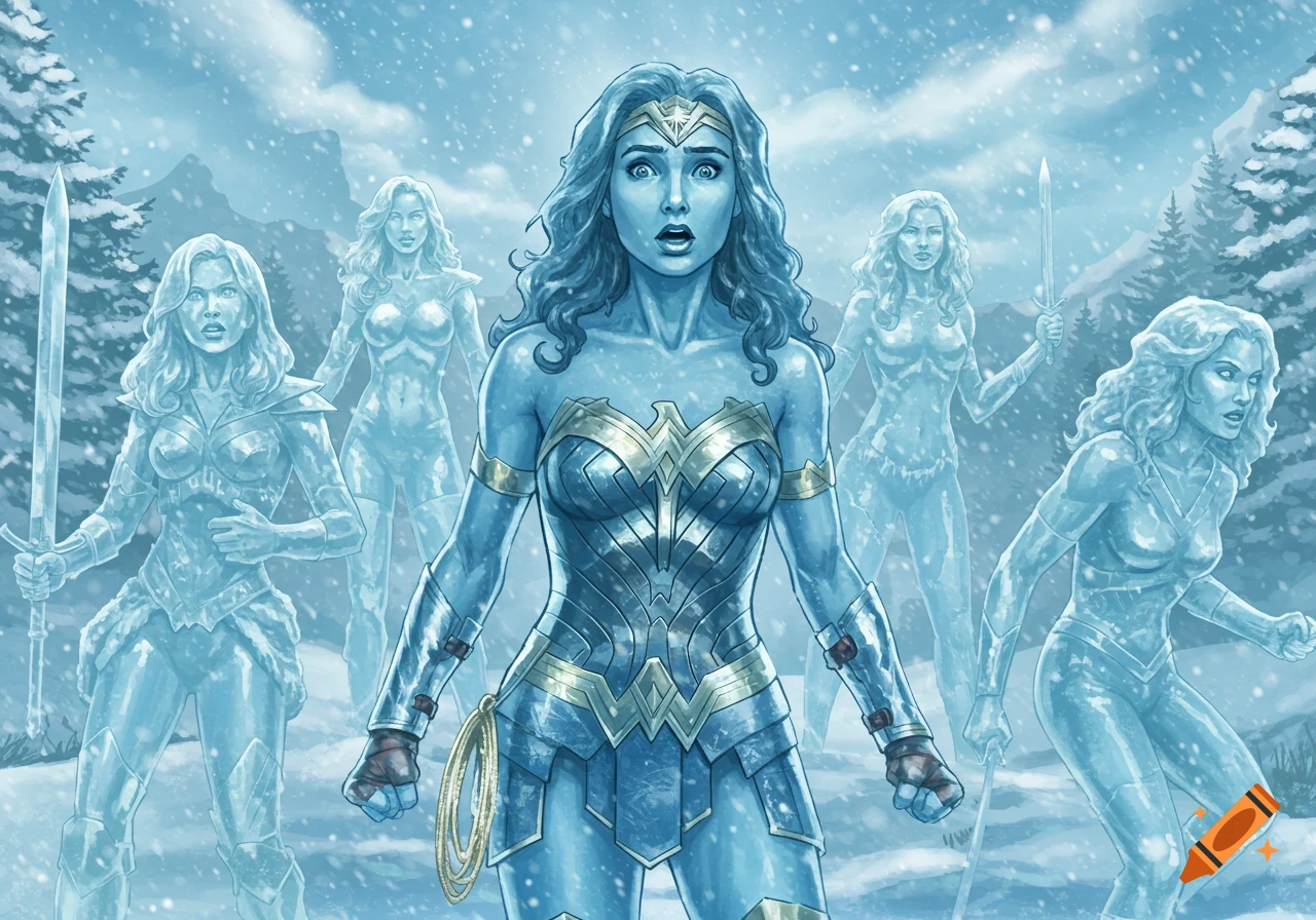 Wonder Woman, looking surprised and frozen in ice, stands in a snowy landscape surrounded by other frozen female warriors.