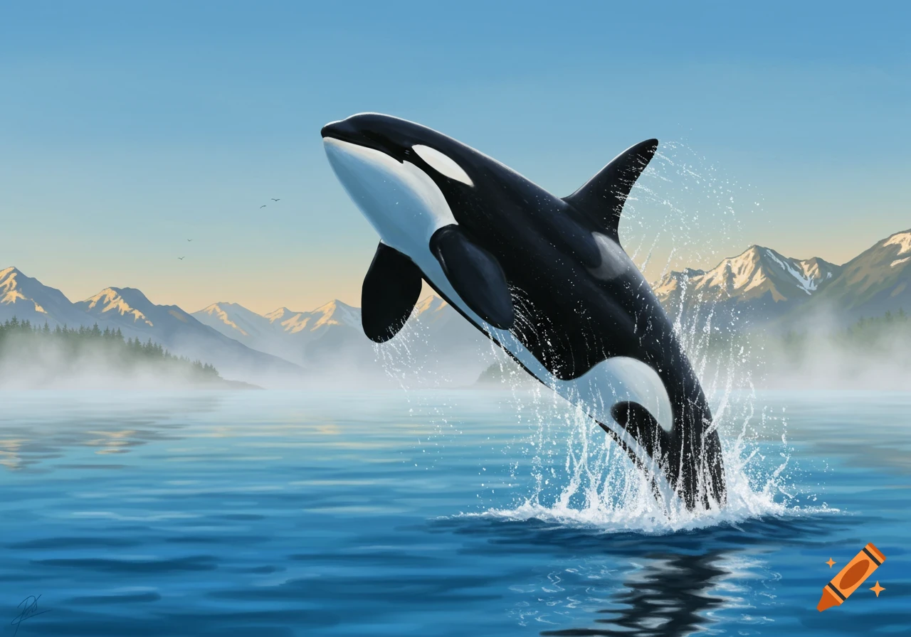 Illustration of a black and white orca breaching from blue water, with mountains and a clear sky in the background.