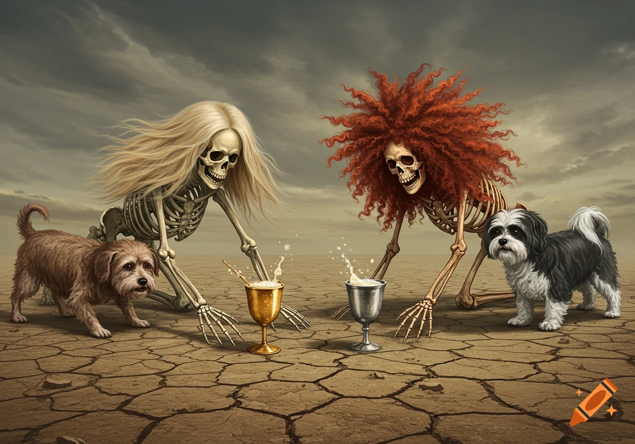 Two stylized skeletons with long hair crawl on cracked earth with a brown dog and a black and white dog nearby, facing two goblets with splashing liquid.