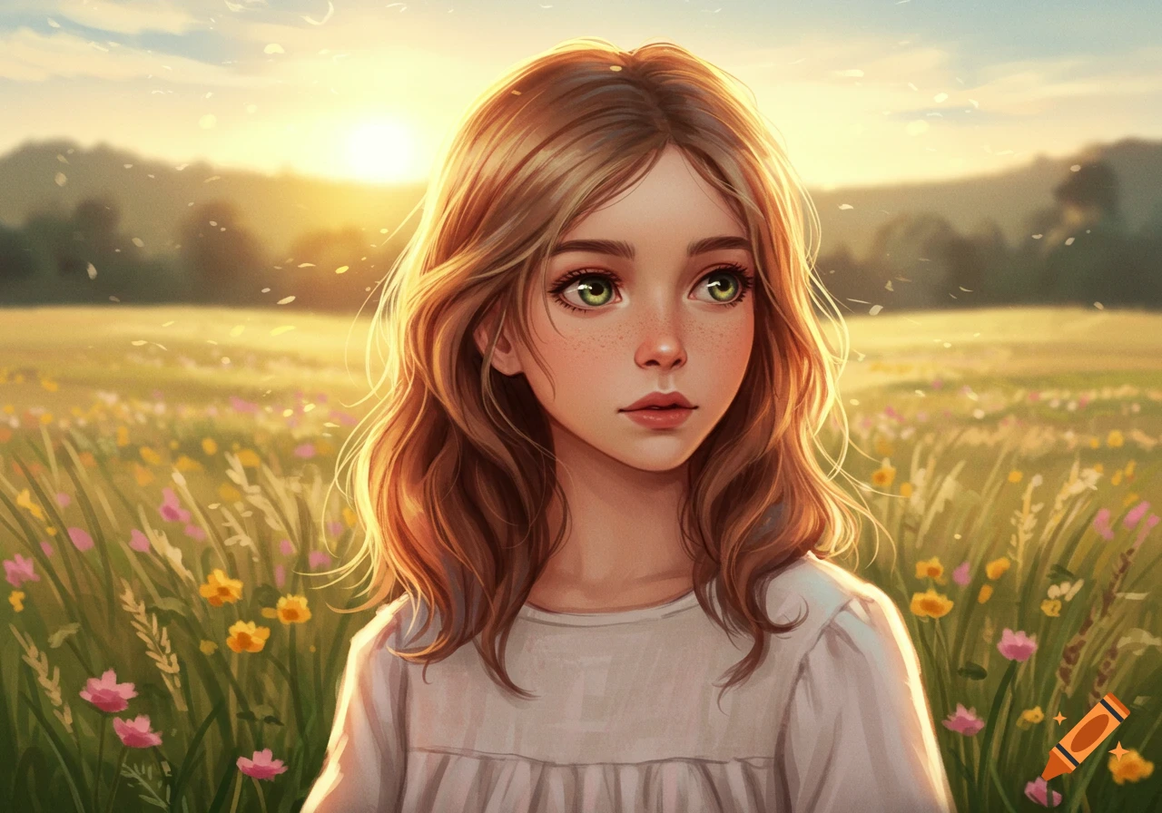 Digital painting of a girl with wavy brown hair, green eyes, and freckles, in a sunny wildflower field at sunset.
