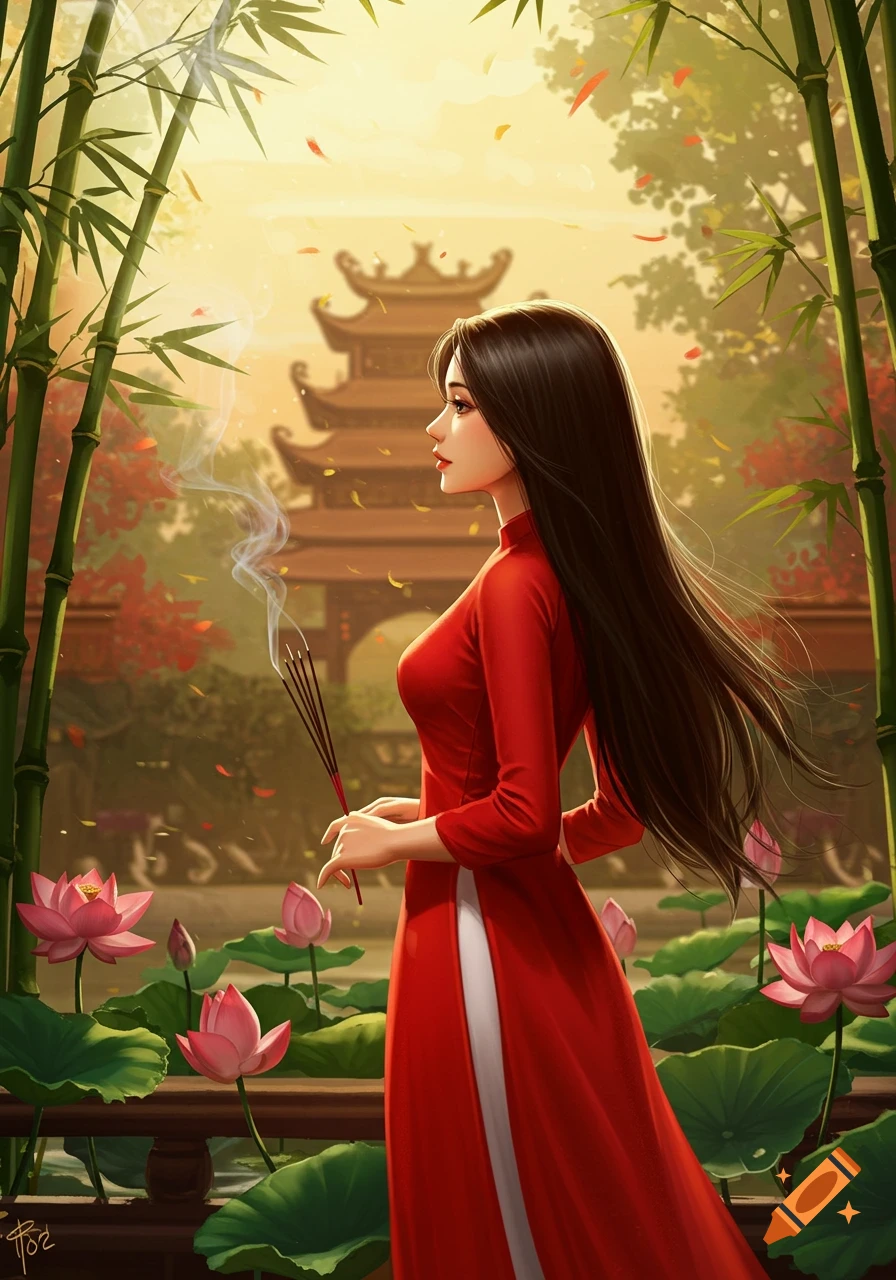 Digital art of a Vietnamese woman in a red Ao Dai holding incense, framed by bamboo and lotus flowers, with a temple in the background.