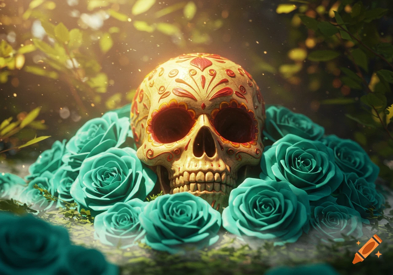 An ornately decorated sugar skull with red eye sockets is nestled among numerous teal roses under soft, ethereal lighting.