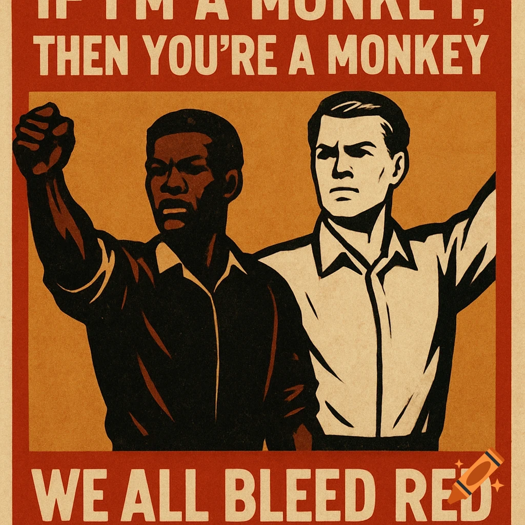 A vintage-style propaganda poster shows a black man and a white man, both with raised fists, against an orange background. Red text reads 'IF I'M A MONKEY, THEN YOU'RE A MONKEY WE ALL BLEED RED'.