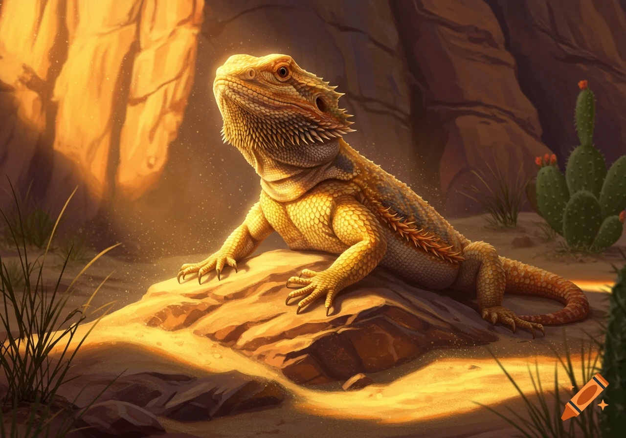 A realistic illustration of a bearded dragon perched on a sunlit rock in a desert landscape with cacti.