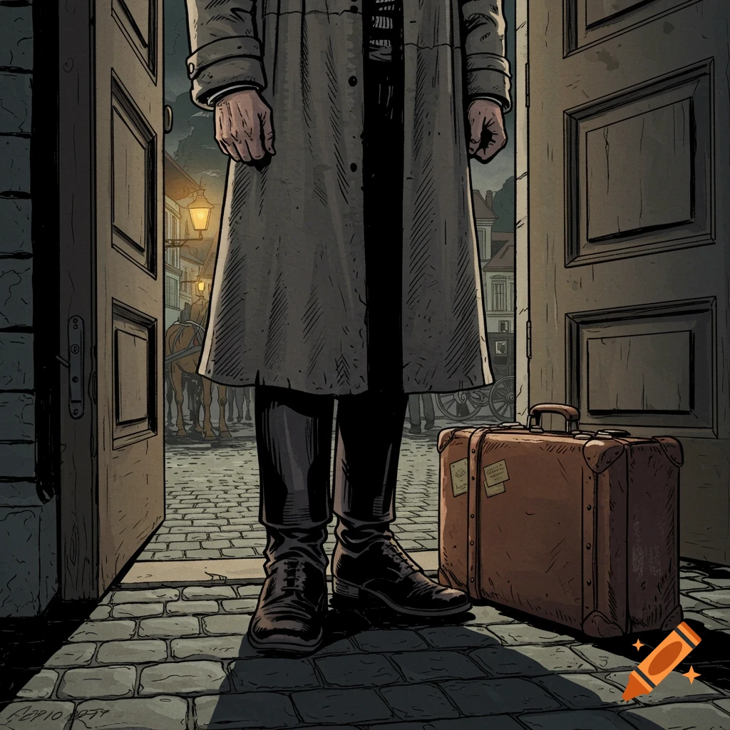 Comic illustration of a man in a trench coat by an open door with a suitcase, looking at a cobblestone street at night.