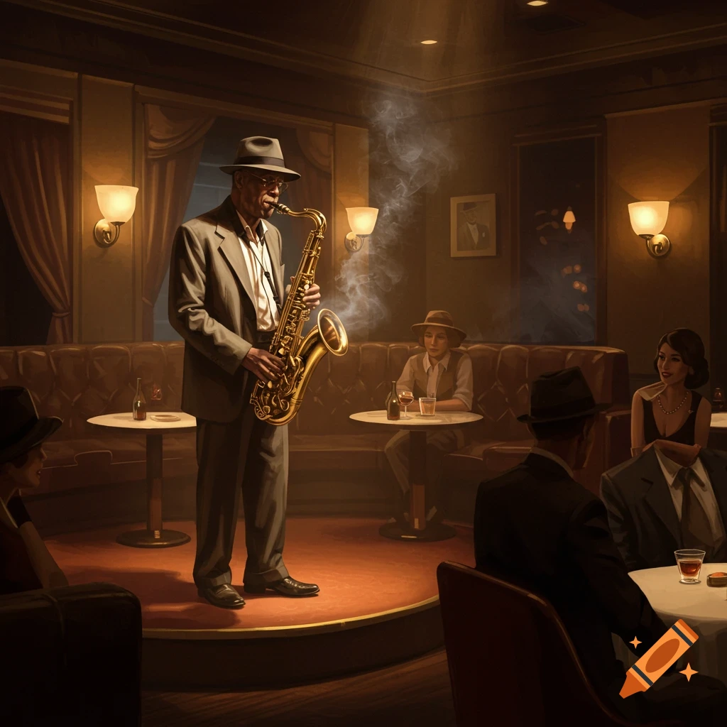 A saxophonist plays on a stage in a dimly lit speakeasy, with patrons seated at tables.