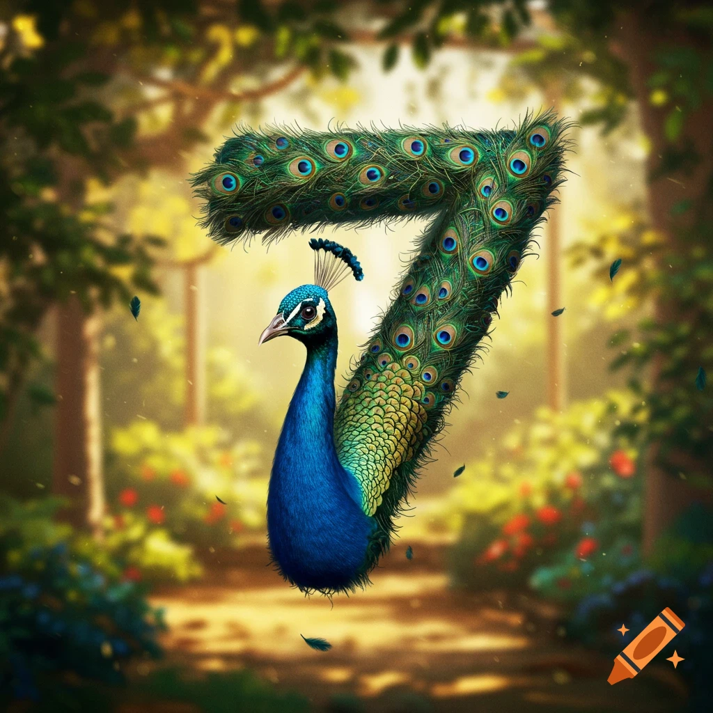 A vibrant peacock forms the shape of the number seven, set against a blurred, sunlit forest background.