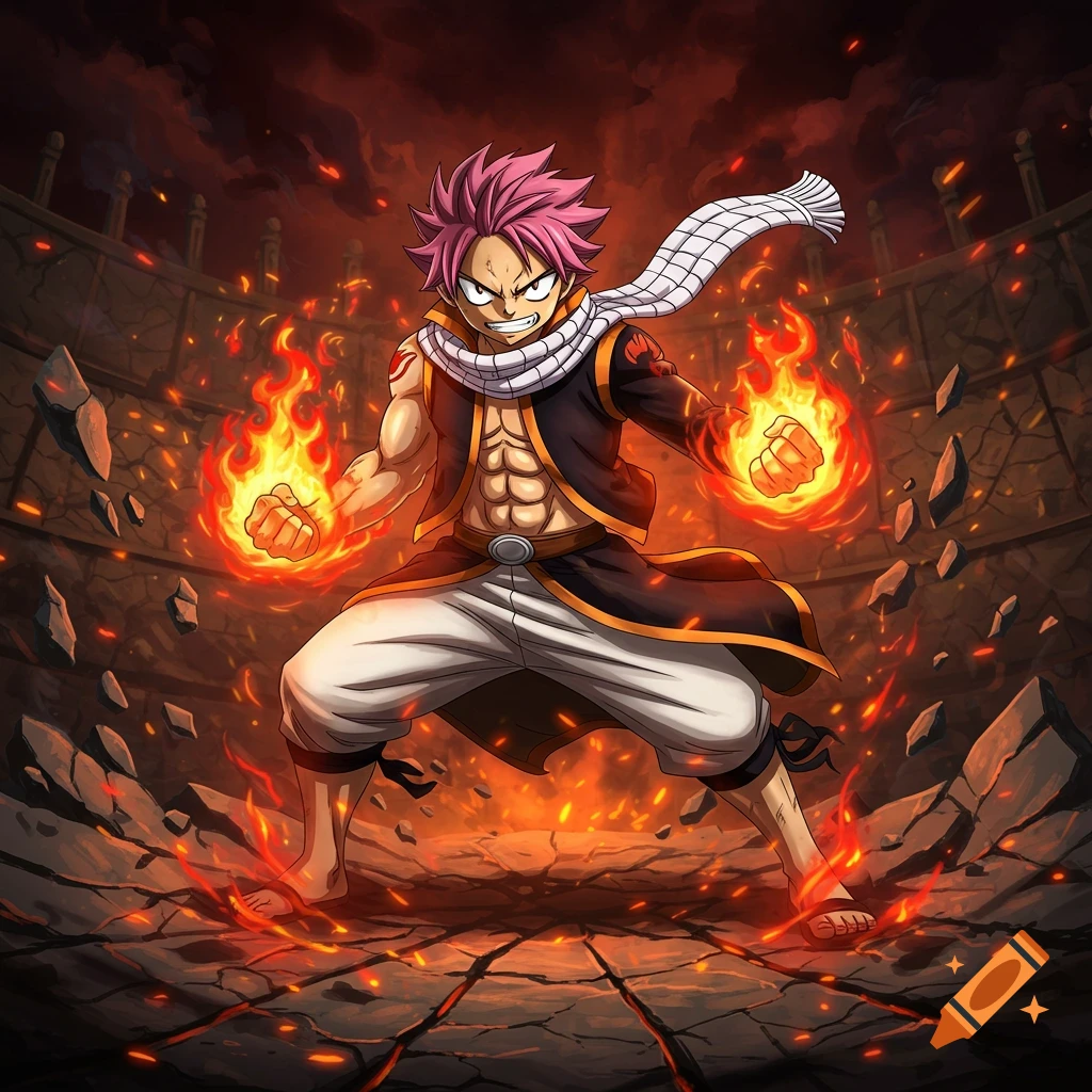 Natsu Dragneel from Fairy Tail in an anime style, unleashing fire magic in a destroyed arena.
