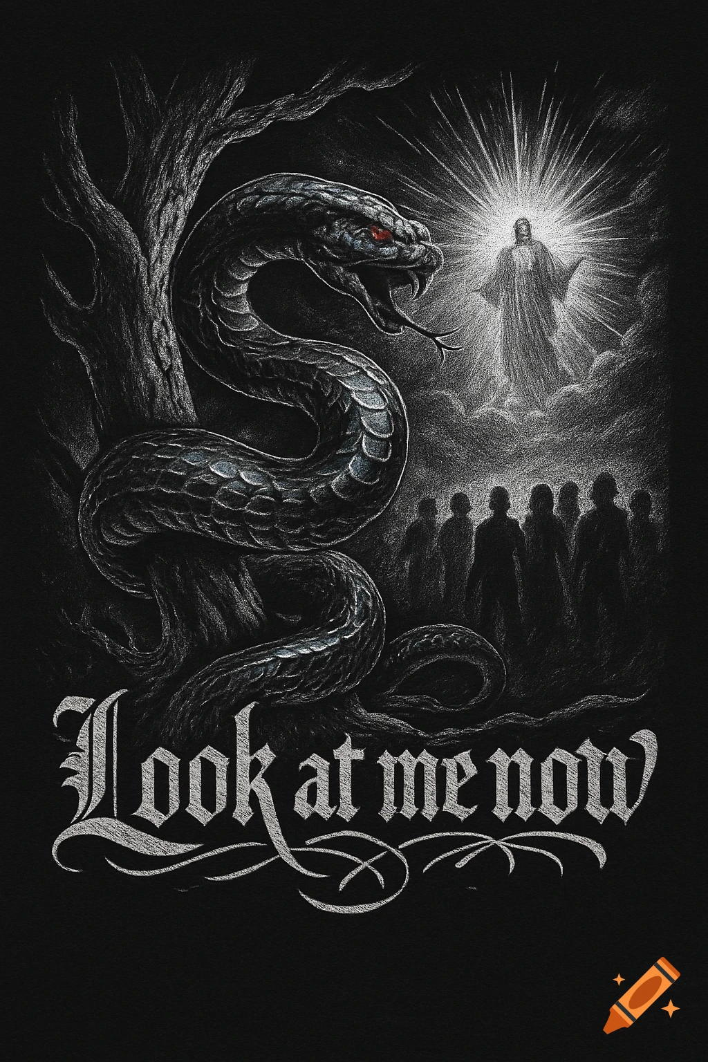 A dark sketch of a snake on a tree watching a radiant figure of Jesus before a crowd, with 'Look at me now' text.