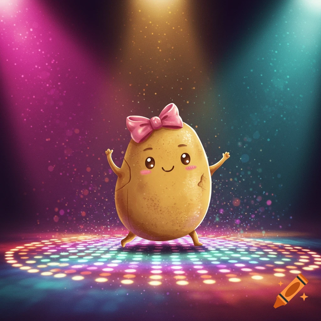 A smiling, cute cartoon potato with a pink bow dances on a colorful, sparkling disco floor.