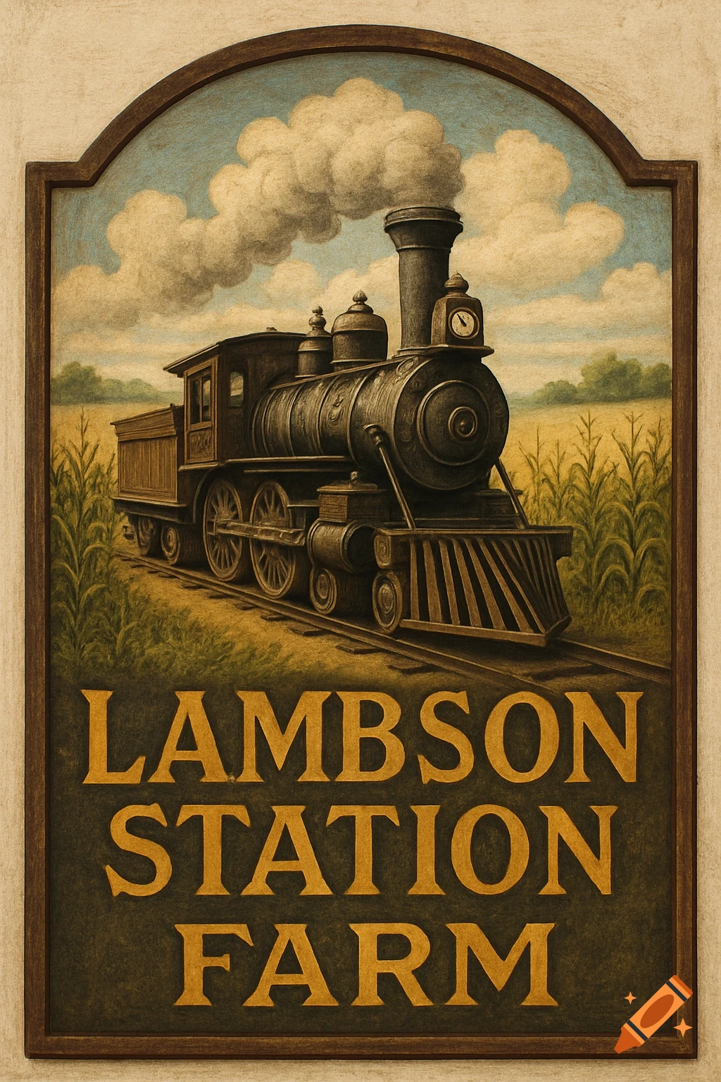 A rustic illustrated sign for Lambson Station Farm featuring a vintage train in a cornfield.