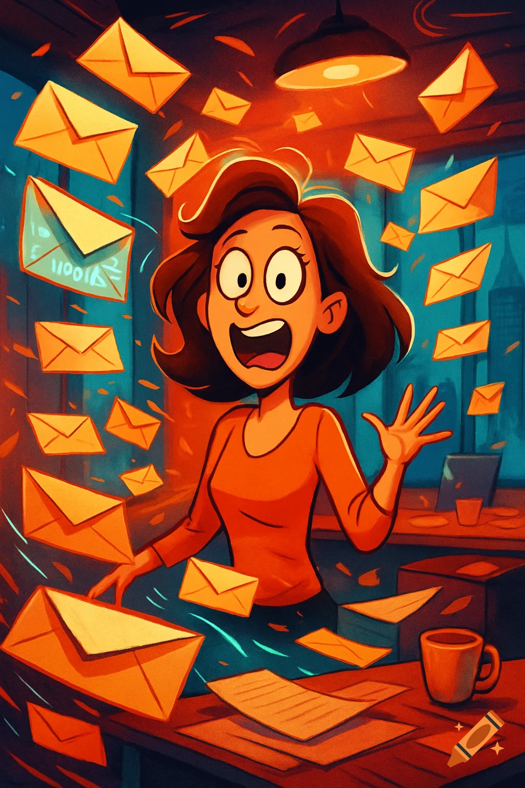 A cartoon woman looks overwhelmed, surrounded by numerous yellow emails flying around her in an office setting.