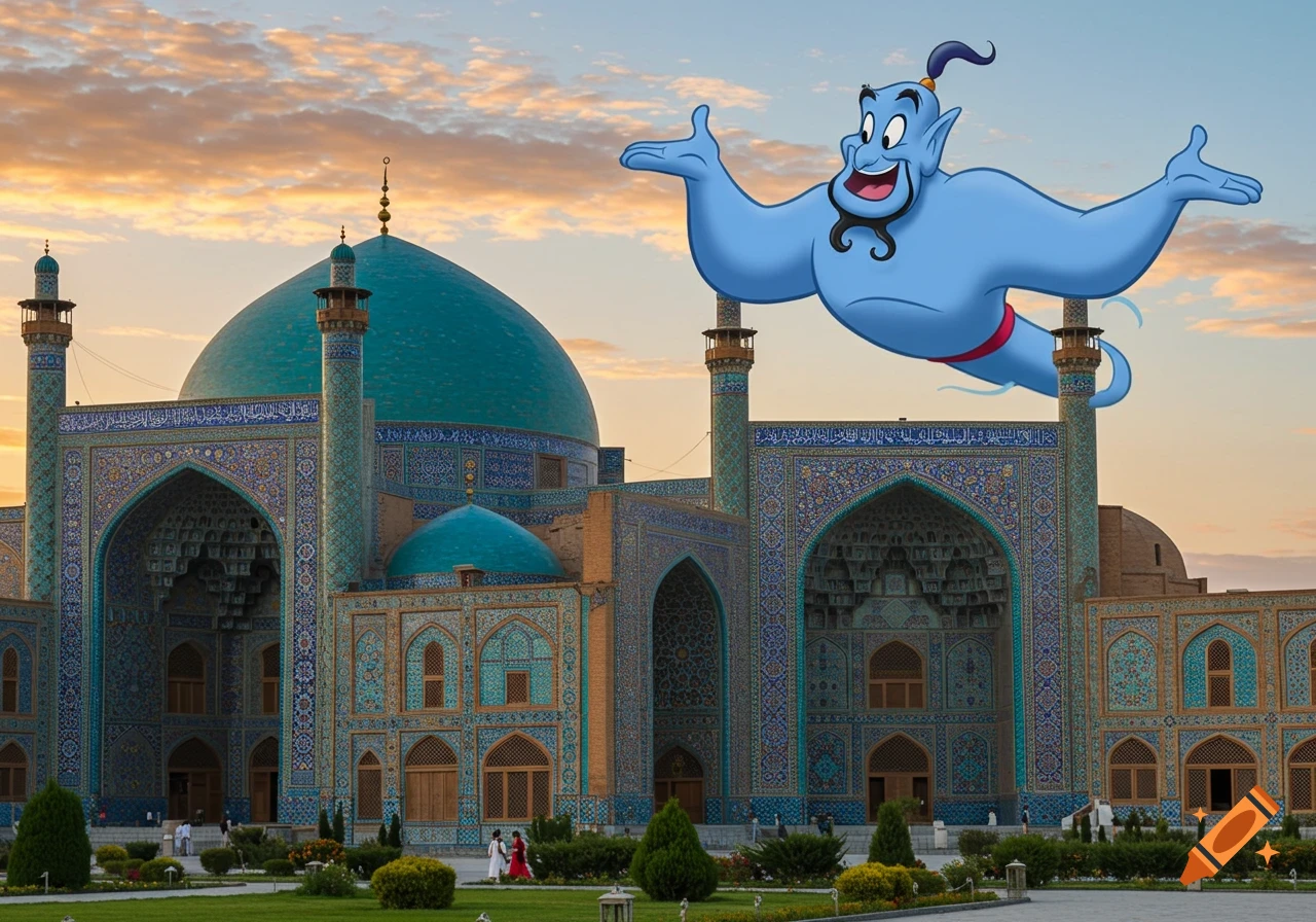 The blue Genie from Aladdin floats with arms outstretched in front of an ornate mosque with turquoise domes and minarets.