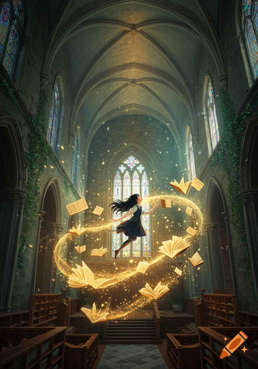 An anime girl in a dark dress flies amidst glowing books and golden magic in a vast gothic library with stained glass windows.