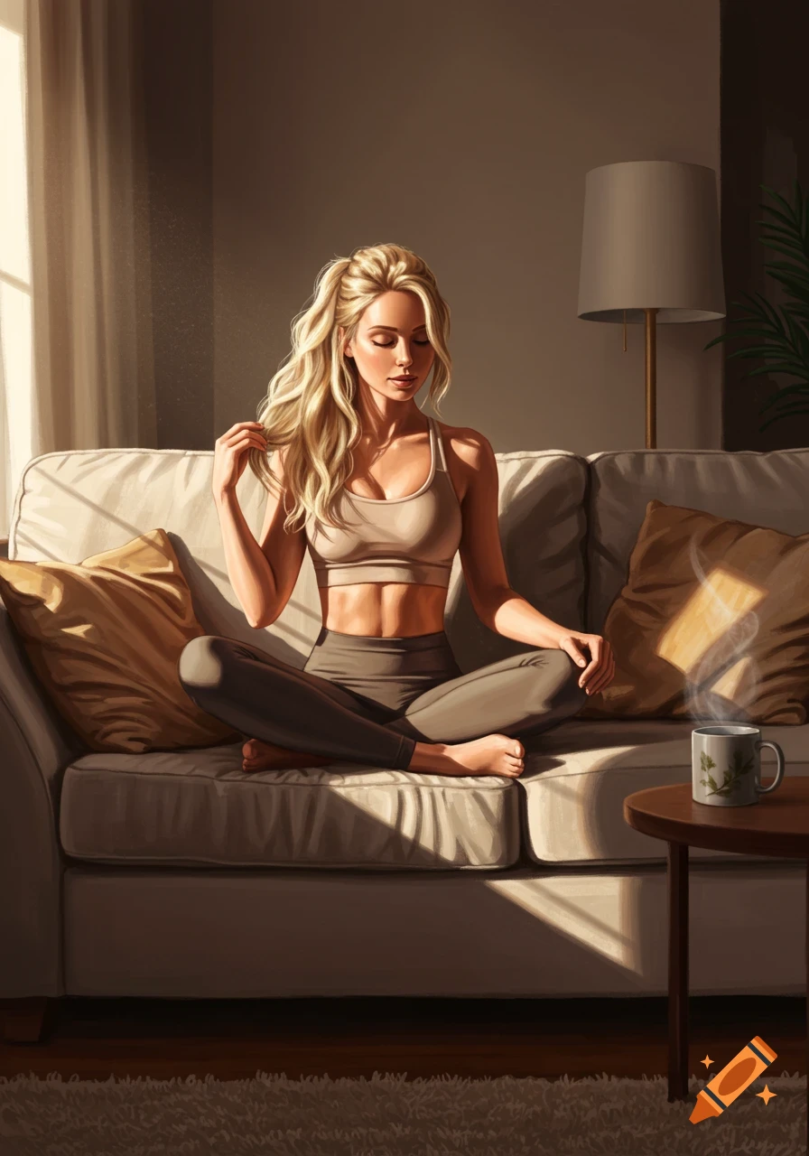 A blonde woman in a sports bra and yoga pants sits cross-legged on a couch in a sunlit room, illustration style.